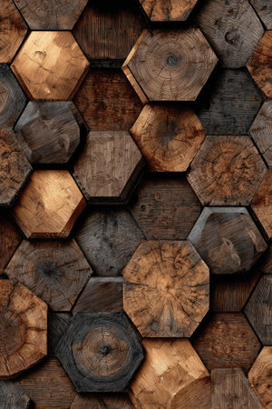 This image showcases a unique pattern composed of interconnected hexagonal wooden blocks. The varying shades of brown and tan, coupled with visible wood grain, create a textured surface. The composition suggests an overhead perspective, with natural light enhancing the details. Suitable for various design and decorative applications.の素材