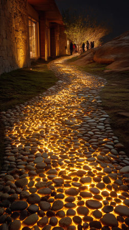 A winding pathway crafted from glowing stones leads towards a building. The scene is illuminated by warm, inviting light. The textures and tones create a serene ambiance. This image could be suitable for various uses, including architectural, travel, or design projects.の素材