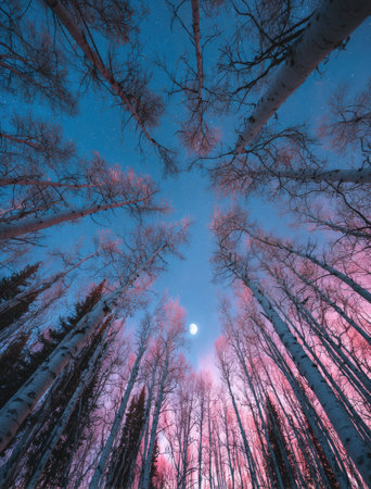 An upward perspective captures tall trees reaching toward a night sky. The composition highlights a vibrant display of pink and blue hues. The image, showcasing branches against the twilight, presents a serene, natural environment potentially suitable for environmental or artistic projects.の素材