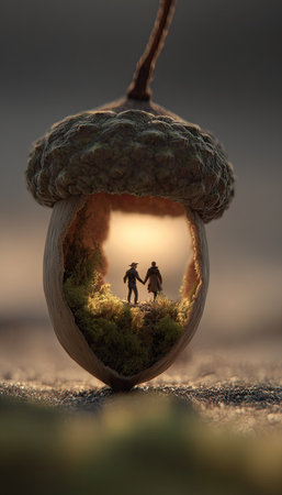 An intimate scene depicts a small couple holding hands inside an acorn shell. The lighting suggests natural daylight, emphasizing the details of the shell and miniature figures. The image's composition creates a sense of wonder. Suitable for conceptual illustrations or designs related to relationships or nature.の素材