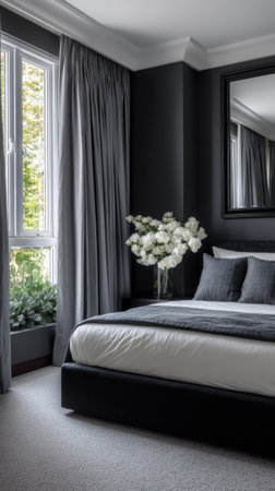 An interior shot showcases a bedroom with a sophisticated color scheme. The space is characterized by a dark gray wall, complemented by light gray curtains and bedding. Natural light floods the room through a large window, illuminating a bed with a bouquet. Suitable for various editorial and commercial applications.の素材