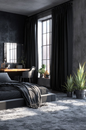 A contemporary bedroom displays a bed and desk near a large window, featuring dark curtains and a monochrome palette. Natural light streams across the floor, illuminating the plants and textured walls. This image is suitable for illustrating design, architecture, or lifestyle content and may be used in various commercial applications.の素材