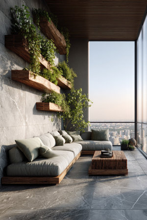 An inviting balcony scene showcases a modern aesthetic with a sectional sofa and wooden elements. Abundant green plants adorn the wall shelves, contrasted by the grey tones of the floor and seating. Natural light fills the space, suggesting a bright daytime setting, suitable for various interior design projects or lifestyle imagery.の素材
