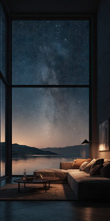 An interior shot showcases a large window framing a breathtaking nighttime view of a lake and the cosmos. The room features a sofa and a coffee table, illuminated by warm lighting. The image's color palette combines dark and warm tones, ideal for diverse commercial applications such as design or travel visuals.の素材