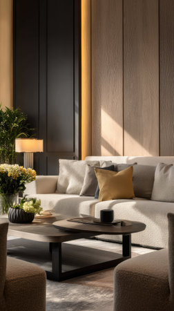This image presents a modern living room interior. A comfortable sofa is positioned in front of wooden paneling. Sunlight streams through illuminating the space. The composition includes a coffee table, decor, and neutral color palette. It could be useful for interior design, lifestyle content, or as a backdrop.の素材