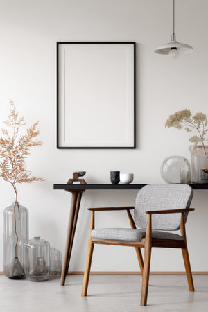 A contemporary interior scene showcases an empty picture frame hanging above a table with a chair. The setting includes minimalist decor elements, floral arrangements in glass vases, and a neutral color palette. This image could be suitable for lifestyle publications and commercial projects needing a clean aesthetic.の素材