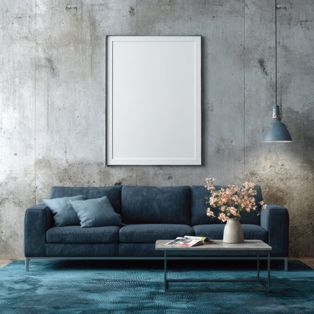 A modern living room features a blue sofa, pillows, and a coffee table. The room's focal point is a large blank picture frame hanging on a textured grey wall. The scene is well-lit, with a hanging lamp and a floral arrangement adding warmth. This image could be used for interior design, home decor, or advertising.の素材