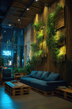 An interior features a vertical garden and a blue sofa, creating a modern, inviting space. The warm lighting complements the natural wood elements and lush greenery. Suitable for various editorial and commercial applications, the image showcases a blend of nature and contemporary design.の素材