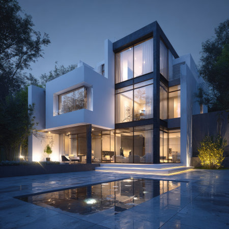 An architectural visualization depicts a modern home featuring large glass windows, minimalist design, and an illuminated interior. The exterior showcases a pool reflecting the structure at dusk with surrounding trees. The image conveys themes of property, architecture, and lifestyle for various commercial applications.の素材