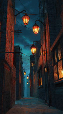 A view of a narrow alleyway is captured with vintage street lamps providing warm illumination. The scene features brick walls, with the lamps casting a glow on the stone. The composition emphasizes depth, with a nighttime ambiance. This visual may be suitable for editorial and commercial applications.の素材