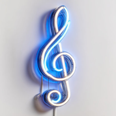 A glowing treble clef, rendered in neon light, presents against a plain white backdrop. The cool tones of blue and white create a striking contrast, while its sleek design evokes a modern aesthetic. Suitable for advertising creative projects or promotional material, this image could serve commercial purposes.の素材