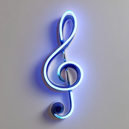 An illuminated treble clef symbol, rendered in bright neon, is the central focus. It features a glowing blue light against a neutral background, highlighting its curves and structure. The image showcases a modern aesthetic, suitable for various editorial and commercial projects related to music and creative design.の素材