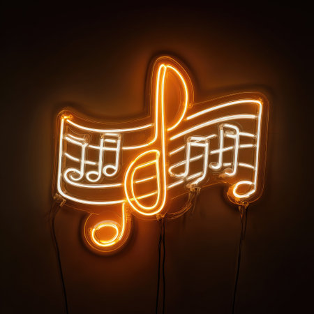 A vibrant neon illustration depicts a musical note symbol set against a dark backdrop. The design showcases bright orange and white neon tubes, forming the shape of notes and a staff. The image suggests a conceptual representation, suitable for visual communications, and potentially usable in advertising.の素材