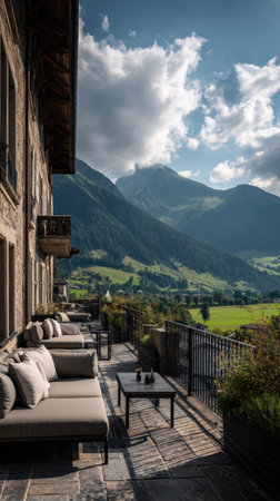An outdoor balcony features seating with pillows, overlooking a valley and towering mountains. The scene displays a mix of sunlight and cloud cover, highlighting the textures of stone and greenery. The image is suitable for various commercial uses, including travel promotions and editorial content.の素材