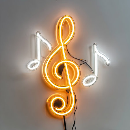 A radiant neon sign presents a treble clef and musical notes. The artwork features bright, glowing lines against a simple background. The design employs a modern aesthetic, with a focus on vibrant illumination. It's suitable for various applications, including advertising and decorative purposes.の素材
