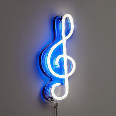 A vibrant neon treble clef glows with white and blue light. Its sleek design contrasts against a plain gray background. The composition features a close-up shot, emphasizing the illuminated form, suggesting an artistic or decorative purpose. This image is suitable for various commercial uses related to music and design.の素材