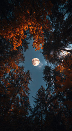 An upward perspective captures the moon amidst a tree canopy. The image displays a silhouette of dark trees against a backdrop of the night sky, illuminated by a full moon. This creates an atmospheric scene. Suitable for a variety of projects, this image could be utilized for editorial or commercial purposes.の素材