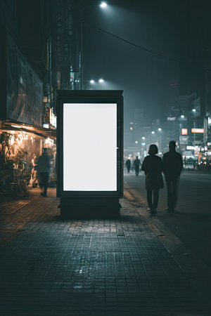 A nighttime street scene features a prominently lit billboard providing copy space. Silhouetted figures walk along the dark sidewalk. The image showcases atmospheric lighting with a moody aesthetic. Suitable for commercial applications, the image could be used for editorial and advertising purposes.の素材