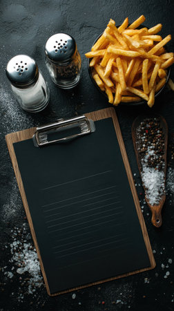 This overhead shot showcases a wooden clipboard, salt shakers, and a bowl of golden fries. The composition features a dark, textured background, complemented by bright, overhead lighting. The scene suggests a restaurant or food preparation context, offering potential for advertising and editorial use.の素材