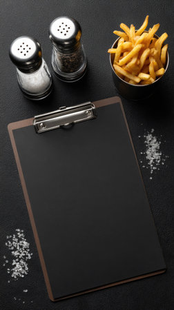 An overhead composition showcases French fries, salt shakers, and a clipboard on a dark surface. The image features a selective focus emphasizing the textures and contrasts. The lighting highlights the objects. It could serve for culinary themes, menu designs, or general commercial projects.の素材
