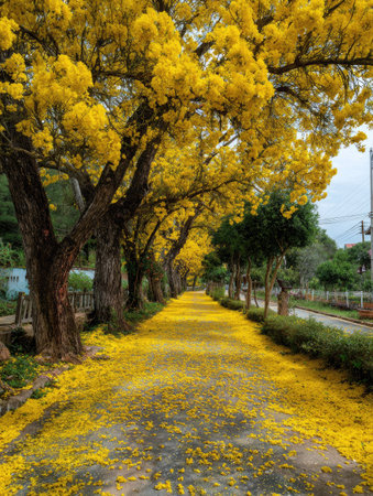 An overhead view displays a pathway lined with mature trees. The trees are full of yellow blossoms. The path is covered with fallen petals. The composition is in natural lighting during the day. This image could be suitable for editorial and commercial applications.の素材