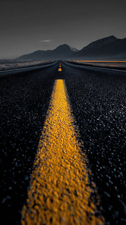 An asphalt road extends towards distant mountains under a dusky sky. A prominent yellow centerline guides the eye. The composition features a long perspective. The scene evokes a sense of travel. It could be suitable for various commercial or editorial applications, highlighting themes of journeys and landscapes.の素材