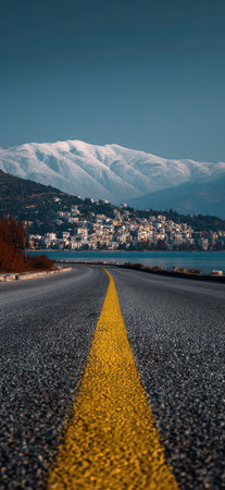 A road stretches towards a town situated on a coastline, with mountains dominating the background. The asphalt road features a central yellow line. The scene is bathed in natural light, with a clear blue sky overhead, suggesting an outdoor environment suitable for various commercial purposes.の素材