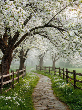A stone pathway meanders through a grove of blossoming trees in full bloom, flanked by a wooden fence. The image showcases soft, natural light, highlighting the white flowers and green grass. The scene evokes a sense of tranquility and could be suitable for various commercial or editorial applications.の素材