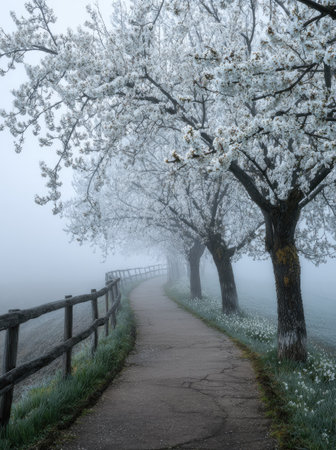 A tranquil pathway winds through trees covered in frost, enveloped in a soft mist. The composition features a wooden fence bordering the path. The cool color palette and diffused lighting create a serene atmosphere, suitable for various editorial and commercial applications.の素材
