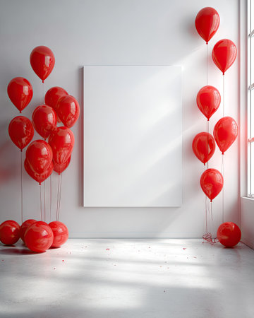 A collection of red balloons of varying sizes are arranged in a white, minimalistic interior setting. The composition includes an empty, square canvas, possibly for artwork or messages. The scene is illuminated with a soft light, casting gentle shadows and enhancing the overall mood. Suitable for promotional material or decorative purposes.の素材