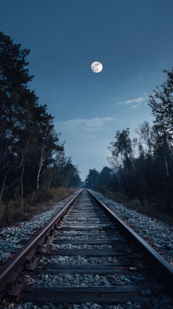 Railroad tracks stretch towards a distant horizon under a moonlit sky. The scene is dominated by dark trees flanking the tracks, creating a sense of depth and perspective. The cool color palette suggests a nighttime setting. Suitable for various editorial and commercial applications.の素材