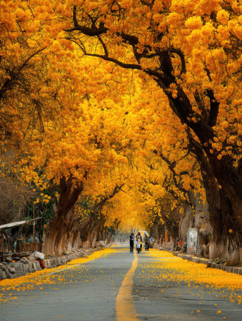 An image showcases a road leading through a tunnel of yellow foliage. The scene is illuminated by sunlight. The trees create a canopy over the road. Possible uses include illustrating travel, nature, seasons, and natural beauty. The composition creates a sense of depth.の素材