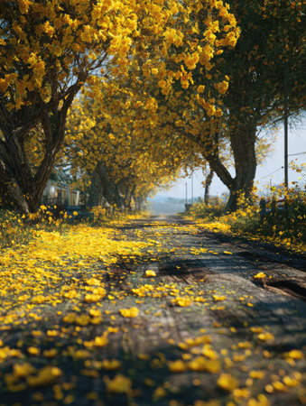 An inviting roadway is flanked by vibrant trees laden with yellow blossoms, basking in warm sunlight. The path is strewn with fallen petals, creating a colorful contrast with the textured asphalt. This picturesque view evokes feelings of tranquility and could be used for various commercial or artistic projects.の素材