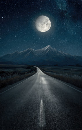 An asphalt road extends towards distant mountains under a full moon. The night sky reveals numerous stars. The scene displays cool colors with long shadows and a sense of depth, possibly suggesting a remote setting. Suitable for various editorial and commercial applications.の素材