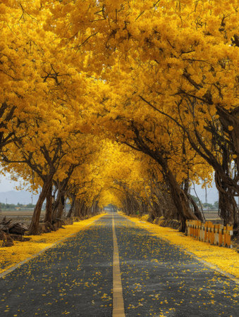 An asphalt road extends into the distance, framed by a canopy of bright yellow flowering trees. The image presents a symmetrical composition with a vivid color palette. The scene likely takes place outdoors on a sunny day. Suitable for travel, landscape, or seasonal themes for various commercial applications.の素材