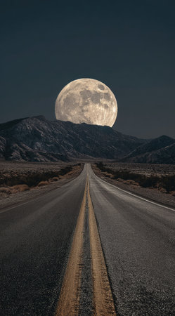 An asphalt road extends toward a large full moon rising above a mountain range in a nighttime landscape. The scene showcases a clear sky with contrasting dark tones and an open road. This image could be used for various commercial projects related to travel or nature.の素材