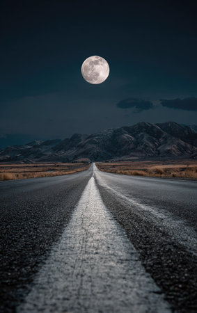 An asphalt road stretches towards distant mountains under a night sky illuminated by a full moon. The road is marked with white lines, and the landscape is a mix of browns, greens, and grays. This image could be used for various projects including travel, landscape, and inspirational content.の素材