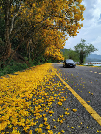 A dark car drives along a road next to a bank of vibrant yellow flowers. The composition features an overhead view with sunlight casting shadows. The natural scene suggests a rural setting, possibly during the day. This image could be used for various commercial or editorial purposes.の素材