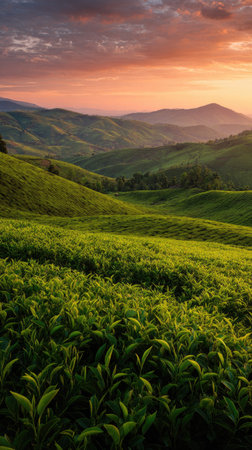A picturesque landscape showcases rolling green hills under a colorful sunset sky. The scene is filled with lush greenery and a warm, atmospheric glow, suggesting a serene natural environment. This image could be suitable for various commercial or editorial uses, capturing the beauty of nature.の素材