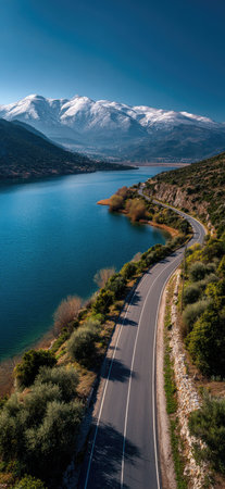 An aerial image displays a road curving along a blue lake with mountain ranges in the background. The landscape is highlighted by evergreen trees and snow capped peaks under a clear blue sky. This imagery could be utilized in travel, tourism, and environmental contexts.の素材