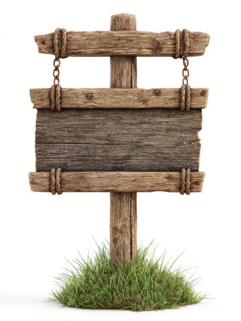A weathered wooden signpost featuring a blank signboard hangs from rope and chains, set against a white backdrop. The design incorporates a rough, textured aesthetic with brown and beige tones, accented by vibrant green grass. This image is suitable for various commercial uses and could be utilized to create visual communication resources.の素材
