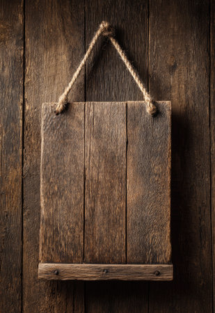 A rectangular wooden sign hangs by a rope on a vertical wood panel. The sign displays a warm brown tone with visible wood grain, while the background showcases darker, textured wood. This image may be used for various projects, including advertising or illustrative purposes. The lighting creates a sense of depth and highlights the natural materials.の素材