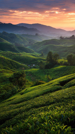 This landscape image captures rolling hills covered in vibrant green vegetation. The composition features a range of hills, bathed in the warm hues of a setting sun. The lighting suggests dusk, casting long shadows. This image could be used for various projects, including editorial features or marketing visuals.の素材