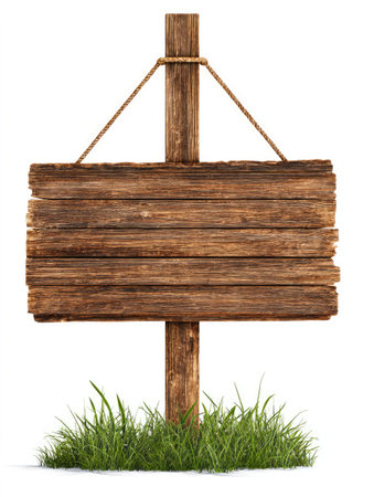 A weathered wooden signpost stands against a stark white backdrop, anchored by green grass at its base. The sign displays horizontal wooden planks, suspended by a rope. The image employs natural textures and warm brown tones. This versatile visual suits various commercial applications.の素材