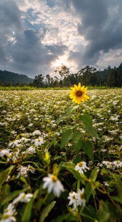 A vibrant sunflower stands prominently in a field of white flowers. The image showcases a natural outdoor scene with a cloudy sky and sunlight. The composition emphasizes depth, with foreground blooms and a backdrop of trees. Suitable for various editorial and commercial applications.の素材