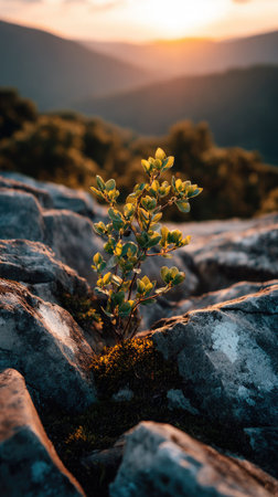 A close-up captures a small plant emerging from a rocky surface. The image displays a natural scene with warm light from the setting sun, creating a sense of growth and resilience. This image could be used for various purposes such as illustrating articles or for design projects.の素材