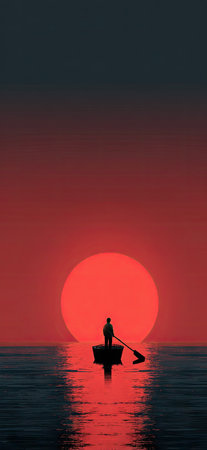 A silhouette depicts a person in a small boat rowing across water towards a large red sun. The scene features dark blue and red colors, creating a strong contrast. Reflection on the water and the sunset's light suggest a tranquil setting. This imagery can be used for artistic or conceptual purposes.の素材