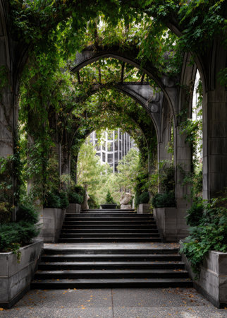 An architectural composition showcases a stone archway adorned with abundant green foliage. A staircase leads upwards, framing a view of a modern building. The scene is illuminated by daylight, highlighting textures and colors within the stone and plant life. This image could be used for various commercial and editorial applications.の素材