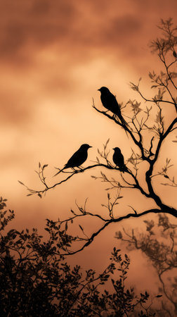 Three birds are silhouetted, perched on a tree branch against a warm-toned, cloudy sky. The composition emphasizes the contrast between dark shapes and the bright background. The image evokes a sense of nature and tranquility, potentially suitable for various visual communication projects.の素材