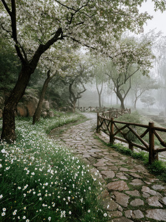 A stone pathway winds through a serene forest, lined with blossoming trees and lush vegetation. The scene features a wooden fence, adding structure to the natural landscape. Soft lighting and atmospheric perspective create a sense of depth. Suitable for editorial use, the image is versatile for various projects.の素材